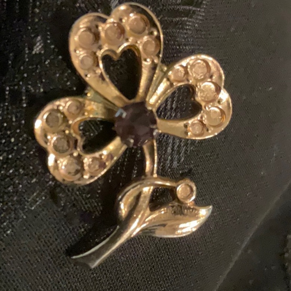 Vintage Gold tone and Crystal Clover Brooch, Shamrock Jewelry